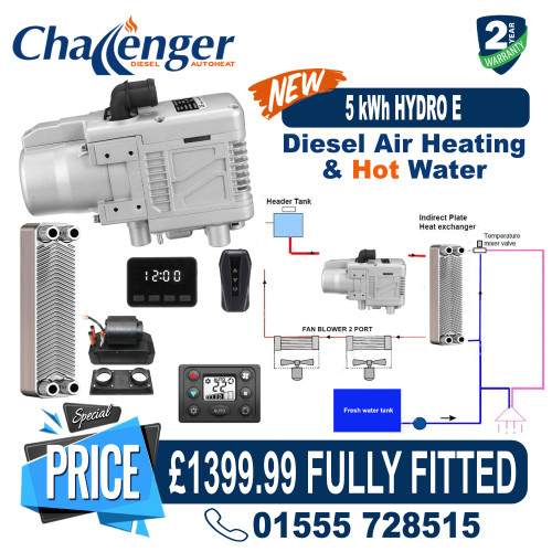 HYDRO E, 5 kWh 12V HOT WATER SYSTEM WITH EXCHANGER PLATE AND HOT AIR